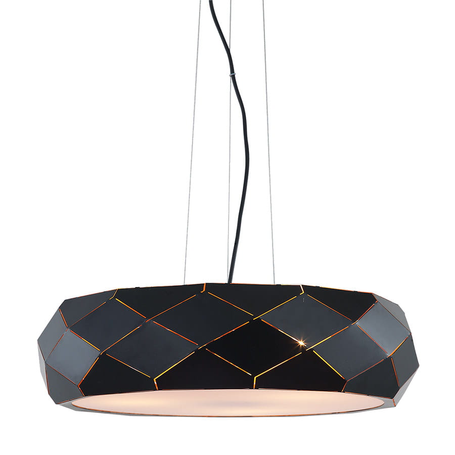 Lampa wisząca Reus 3-punktowa w kolorze czarnym, o geometrycznym kształcie z ozdobnymi, pomarańczowymi akcentami. Ujęcie z boku, zawieszona na cienkich linkach. Światło emitowane z okrągłej, białej podstawy. Idealna do nowoczesnych wnętrz.