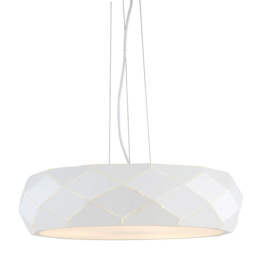 Lampa wisząca Reus LP-8069/1P WH, 3-punktowa, w kolorze białym. Okrągły klosz z geometrycznym wzorem, zawieszony na białych linkach. Światło emitowane z wnętrza klosza, subtelne detale w złotym kolorze. Idealna do nowoczesnych wnętrz.