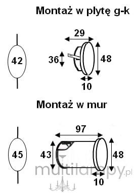 Lesel LED oprawa schodowa 009 L, o okrągłym kształcie, z wymiarami 42 mm średnicy i 10 mm głębokości. Przeznaczona do montażu w płycie g-k lub w murze, z oznaczeniem dla obu typów montażu.