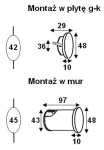 Lesel LED oprawa schodowa 009 L, o okrągłym kształcie, z wymiarami 42 mm średnicy i 10 mm głębokości. Przeznaczona do montażu w płycie g-k lub w murze, z oznaczeniem dla obu typów montażu.