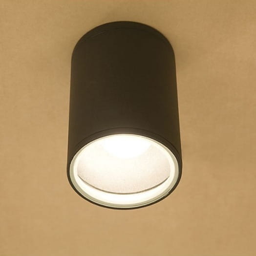 Lampa sufitowa elewacyjna Fog w kolorze grafitowym, cylindryczny kształt, umieszczona na suficie. Widoczna żarówka E27 w jasnym kloszu, emitująca światło, na tle jednolitej powierzchni.