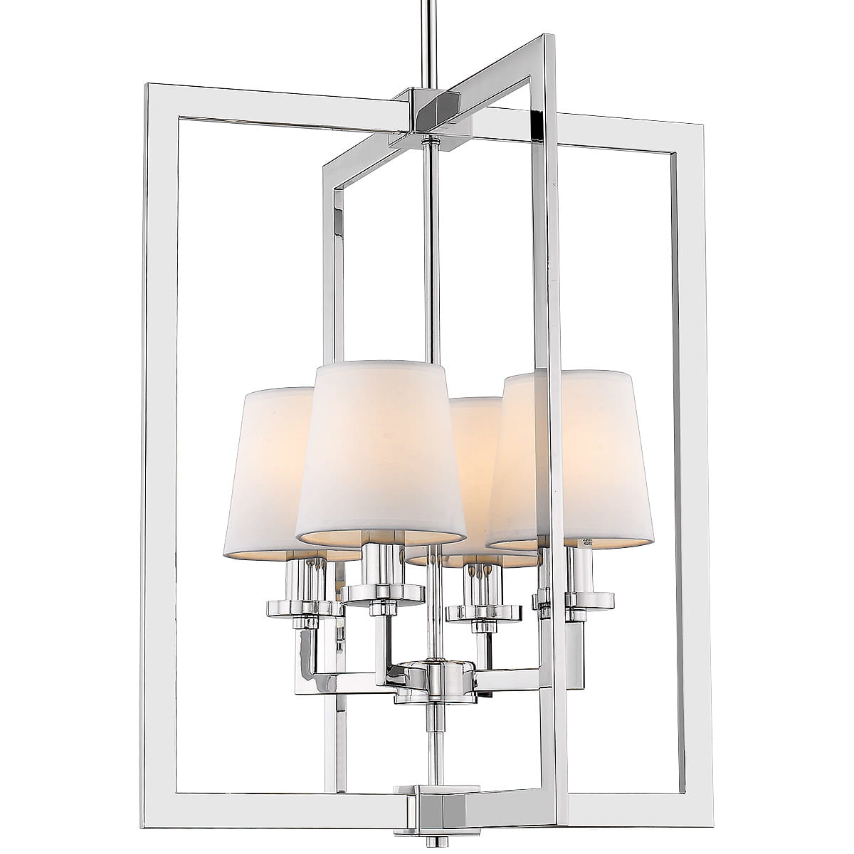 Lampa wisząca London 4-punktowa w chromowanym wykończeniu z białymi kloszami. Posiada prostokątną ramę, cztery źródła światła z materiałowymi kloszami, zawieszona w pionie. Idealna do nowoczesnych wnętrz.