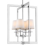 Lampa wisząca London 4-punktowa w chromowanym wykończeniu z białymi kloszami. Posiada prostokątną ramę, cztery źródła światła z materiałowymi kloszami, zawieszona w pionie. Idealna do nowoczesnych wnętrz.