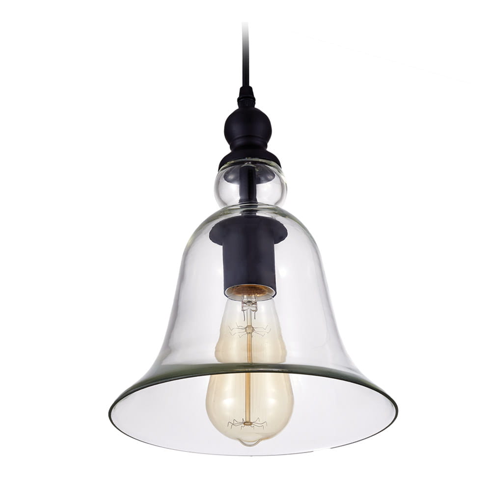 Lampa wisząca Paris 1-punktowa P01789BK z przezroczystym kloszem w kształcie dzwonu, czarnym mocowaniem i żarówką w środku. Produkt zawieszony na czarnym przewodzie, widok z dołu.