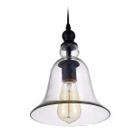 Lampa wisząca Paris 1-punktowa P01789BK z przezroczystym kloszem w kształcie dzwonu, czarnym mocowaniem i żarówką w środku. Produkt zawieszony na czarnym przewodzie, widok z dołu.