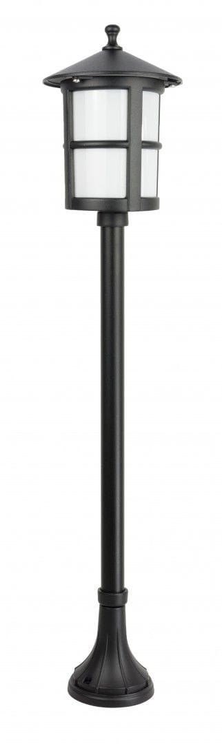 Czarna lampa stojąca ogrodowa Cordoba H101 II, 1-punktowa, z metalowym słupkiem i kloszem z białego szkła. Ujęcie frontalne, lampa na wysokim stelażu z ozdobnym daszkiem, umieszczona na okrągłej podstawie.