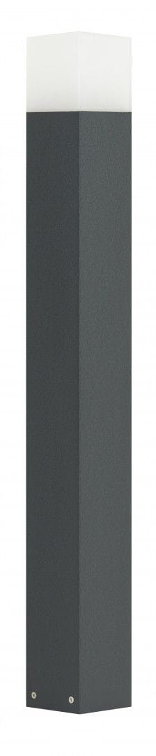 Lampa stojąca ogrodowa Cube 1-punktowa w ciemnym popiele. Prosta, prostokątna konstrukcja z matowego materiału, z górnym kloszem w białym kolorze, zamontowana na stabilnej podstawie. Idealna do oświetlenia przestrzeni zewnętrznych.