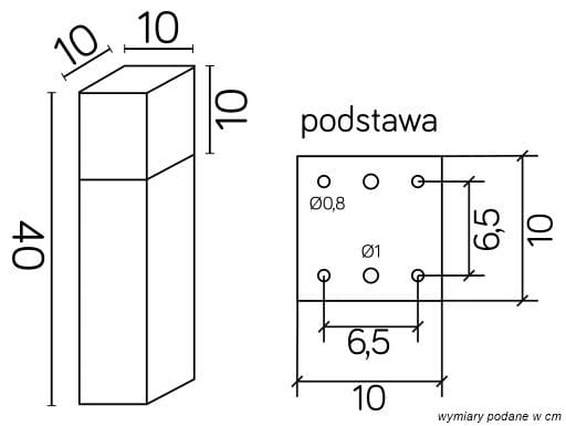 Lampa stojąca ogrodowa Cube Max, czarna, o wymiarach 40 cm wysokości i 10 cm szerokości. Prostokątny kształt z podstawą z otworami montażowymi. Idealna do oświetlenia przestrzeni zewnętrznych.