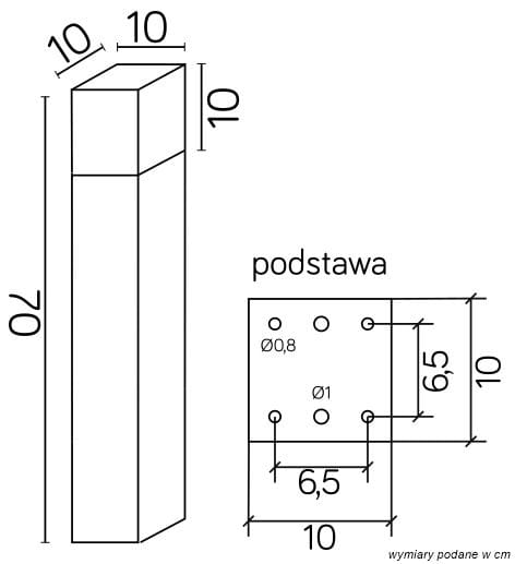 Lampa stojąca ogrodowa Cube Max 1-punktowa w kolorze czarnym, o wymiarach 70 cm wysokości i 10x10 cm szerokości. Prostokątna konstrukcja z płaską podstawą, idealna do oświetlenia przestrzeni zewnętrznych.