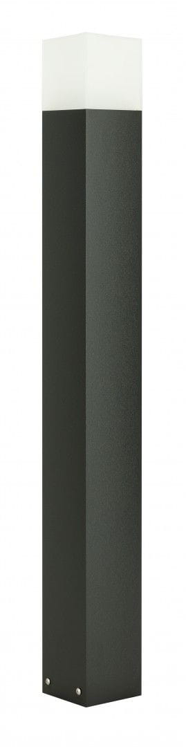 Lampa stojąca ogrodowa Cube Max w kolorze czarnym, o prostokątnym kształcie. Górna część z matowego szkła, dolna z fakturowanego materiału. Ujęcie frontalne, produkt stojący, idealny do oświetlenia przestrzeni zewnętrznych.