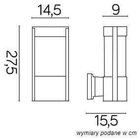 Kinkiet elewacyjny ścienny Elis 1-punktowy w kolorze czarnym, o wymiarach 22,5 cm wysokości, 14,5 cm szerokości i 9 cm głębokości. Prosty, prostokątny kształt z wyraźnie zaznaczonym miejscem na źródło światła.