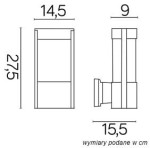 Kinkiet elewacyjny ścienny Elis 1-punktowy w kolorze czarnym, o wymiarach 22,5 cm wysokości, 14,5 cm szerokości i 9 cm głębokości. Prosty, prostokątny kształt z wyraźnie zaznaczonym miejscem na źródło światła.