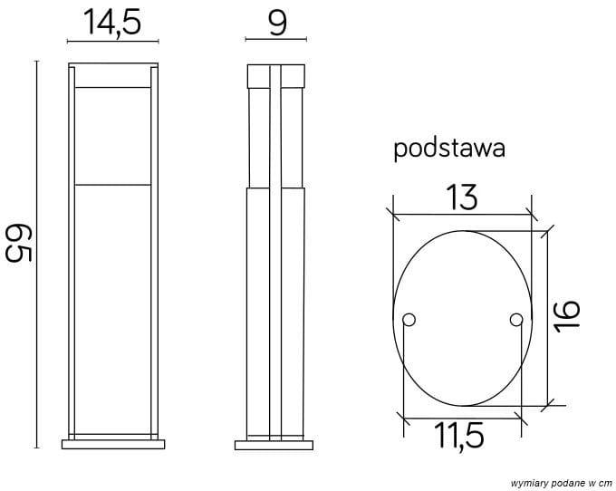 Lampa stojąca ogrodowa Elis TO 3902-H 650 BL w kolorze czarnym, o wymiarach 65 cm wysokości, 14,5 cm szerokości i 9 cm głębokości. Prostokątny korpus z okrągłą podstawą o średnicy 13 cm.