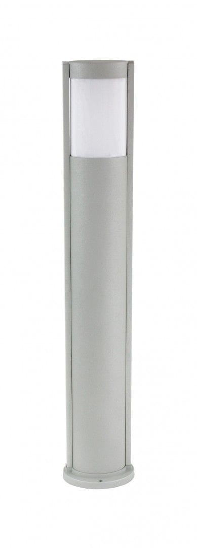 Lampa stojąca ogrodowa Elis, 1-punktowa, wykonana z aluminium w kolorze szarym. Okrągła podstawa, prosty cylindryczny kształt z mlecznym kloszem u góry. Ujęcie frontalne, produkt jest zamontowany w pozycji stojącej.