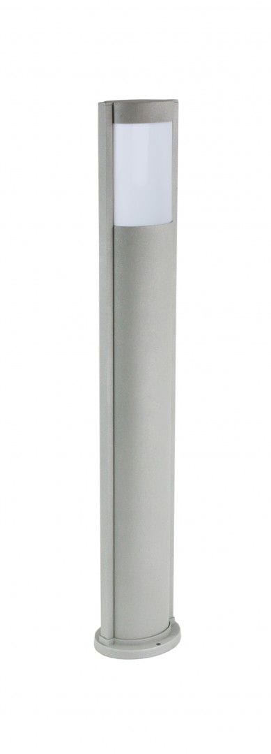 Lampa stojąca ogrodowa Elis 1-punktowa z aluminium w kolorze srebrnym. Owalny klosz z matowego tworzywa, umieszczony na prostym, cylindrycznym korpusie. Produkt stoi na okrągłej podstawie.
