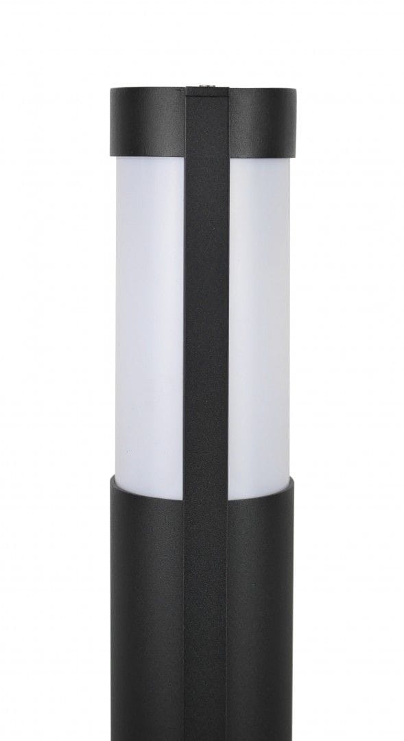 Lampa stojąca ogrodowa Elis w kolorze czarnym, z cylindrycznym kloszem z mlecznego tworzywa. Prezentowana w ujęciu frontalnym, pokazuje prosty, nowoczesny design z wyraźnym podziałem na górną i dolną część. Idealna do oświetlenia przestrzeni zewnętrznych.
