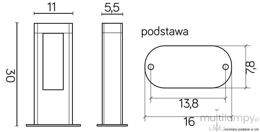 Lampa stojąca ogrodowa Evo H30 w ciemnym popiele, z dwoma diodami LED 8W, o wymiarach 30 cm wysokości, 11 cm szerokości i 5,5 cm głębokości. Podstawa o wymiarach 13,8 cm na 16 cm i 7,8 cm wysokości, prostokątna z zaokrąglonymi krawędziami.