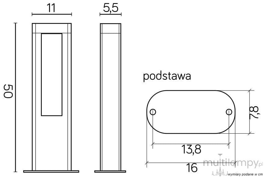 Lampa stojąca Evo H50 w ciemnym popiele, z wymiarami 50 cm wysokości, 11 cm szerokości i 5,5 cm głębokości. Posiada podłużną podstawę o wymiarach 16 cm x 7,8 cm, z 2 diodami LED 12W, barwa światła 4000K.