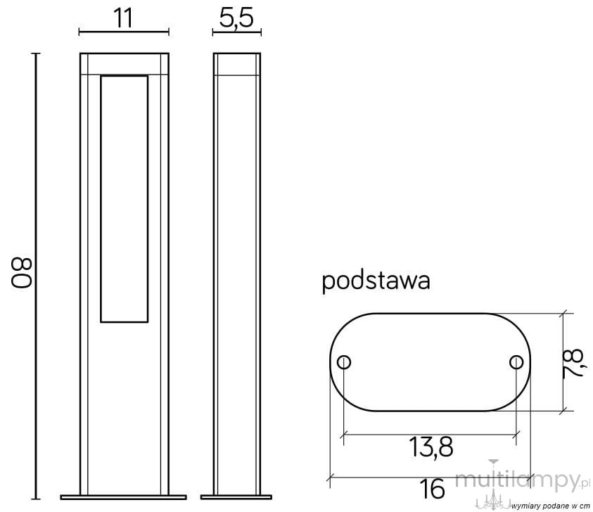 Lampa stojąca ogrodowa Evo H80 z dwoma źródłami LED 20W, 4000K, w ciemnym popiele. Prosty, prostokątny kształt, z wąskim panelem świetlnym. Podstawa o wymiarach 13,8 x 7,8 cm, wysokość 80 cm, szerokość 11 cm, głębokość 5,5 cm.
