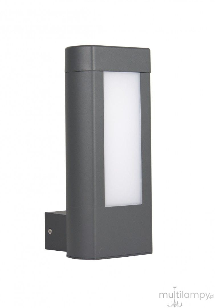 Kinkiet elewacyjny Evo w ciemnym popiele, z dwoma źródłami LED 8W, barwa światła 4000K. Prosty, prostokątny kształt z matową, białą częścią na froncie, zamontowany na ścianie, z widocznym mocowaniem.