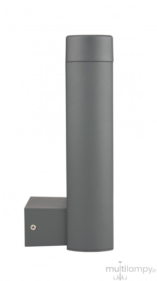 Kinkiet elewacyjny Evo w kolorze ciemnego popielu, wyposażony w dwa źródła LED 8W, o temperaturze barwowej 4000K. Produkt o cylindrycznym kształcie, zamontowany na płaskiej podstawie, widoczny z boku.