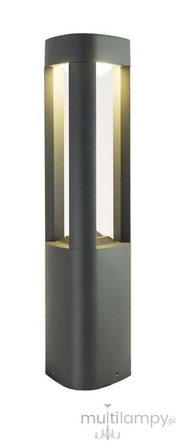 Lampa stojąca ogrodowa 1-punktowa GL11204, w kształcie prostokątnego słupa, wykonana z ciemnoszarego metalu. Oświetlenie skierowane ku górze, z przezroczystymi elementami po bokach. Stoi pionowo na płaskiej podstawie.