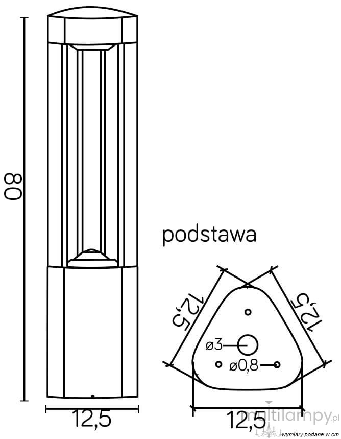 Lampa stojąca ogrodowa 1-punktowa GL11205 o wysokości 80 cm i szerokości 12,5 cm. Posiada trójkątną podstawę z wymiarami 12,5 cm i 12,5 cm. Wykonana z materiału odpornego na warunki atmosferyczne, przeznaczona do użytku zewnętrznego.