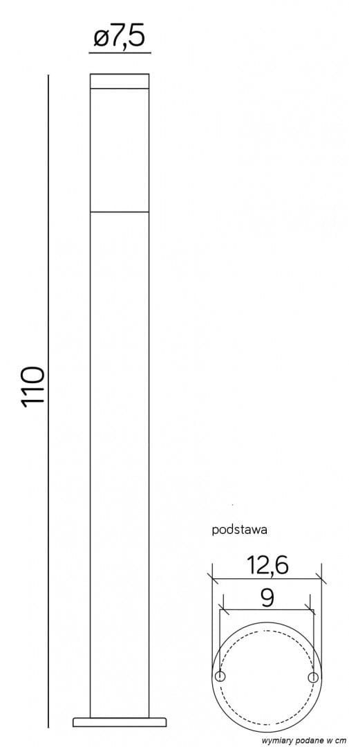 Inox lampa stojąca ogrodowa 1-punktowa ST 022-1100, o wysokości 110 cm i średnicy 7,5 cm, z okrągłą podstawą o średnicy 12,6 cm. Prosty, stalowy design, przeznaczona do oświetlenia przestrzeni zewnętrznych.