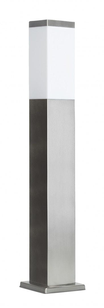 Lampa stojąca ogrodowa Inox, kwadratowa, 1-punktowa. Wykonana z matowego stali nierdzewnej i białego tworzywa sztucznego. Prosta, wysoka konstrukcja z solidną podstawą, idealna do oświetlenia ogrodu lub tarasu.