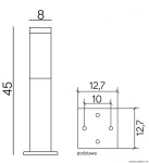 Lampa stojąca ogrodowa Inox 1-punktowa, kwadratowa, czarna. Wysokość 45 cm, szerokość 8 cm, podstawka 12,7 x 12,7 cm z otworami montażowymi. Prosty design, idealna do oświetlenia przestrzeni zewnętrznych.