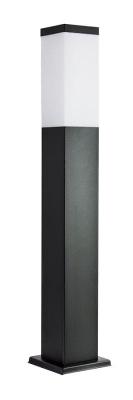 Czarna lampa stojąca ogrodowa Inox, kwadratowa, 1-punktowa, z białym kloszem u góry. Wysoka, z prostokątną podstawą, wykonana z metalu. Oświetlenie idealne do aranżacji ogrodowej.