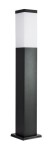 Czarna lampa stojąca ogrodowa Inox, kwadratowa, 1-punktowa, z białym kloszem u góry. Wysoka, z prostokątną podstawą, wykonana z metalu. Oświetlenie idealne do aranżacji ogrodowej.