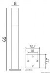 Czarna lampa stojąca ogrodowa Inox SS802-650 BL, kwadratowa, o wymiarach 8 cm szerokości i 65 cm wysokości. Prosta konstrukcja z podstawą 12,7 cm na 12,7 cm, z trzema otworami mocującymi. Idealna do oświetlenia przestrzeni zewnętrznych.