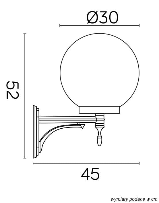 Kinkiet elewacyjny Kule Classic 300, ścienny 1-punktowy. Czarna konstrukcja z okrągłą, białą kulą o średnicy 30 cm. Wymiary: wysokość 52 cm, głębokość 45 cm. Ujęcie z boku, pokazujące detal mocowania i kształt lampy.