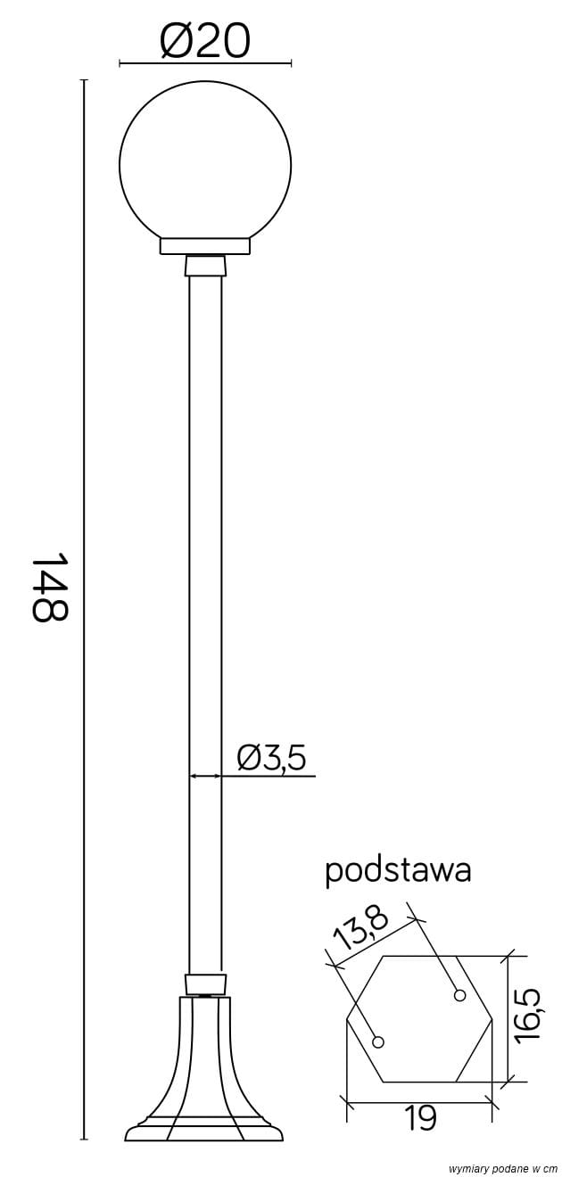 Czarna lampa stojąca ogrodowa Kule Classic 200, wysokość 148 cm, średnica klosza 20 cm, z prostą, elegancką podstawą w kształcie sześciokąta. Produkt w pozycji stojącej, przeznaczony do oświetlenia przestrzeni zewnętrznych.