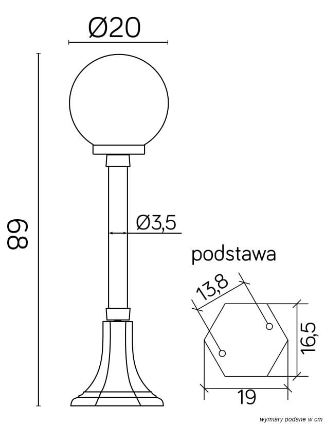 Czarna lampa stojąca ogrodowa Kule Classic 200 H68, z okrągłą głowicą o średnicy 20 cm, metalowym słupem o średnicy 3,5 cm oraz sześciokątną podstawą. Wysokość całkowita wynosi 89 cm. Produkt jest jednopunktowy.