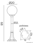 Czarna lampa stojąca ogrodowa Kule Classic 200 H68, z okrągłą głowicą o średnicy 20 cm, metalowym słupem o średnicy 3,5 cm oraz sześciokątną podstawą. Wysokość całkowita wynosi 89 cm. Produkt jest jednopunktowy.