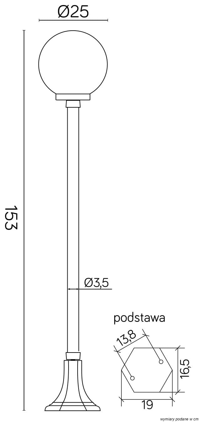 Czarna lampa stojąca ogrodowa Kule Classic 250 H153, z okrągłą głowicą o średnicy 25 cm, wysokości 153 cm, na prostym słupie o średnicy 3,5 cm. Podstawa w kształcie sześciokąta o wymiarach 19 x 16,5 cm, z dekoracyjnym detalem.