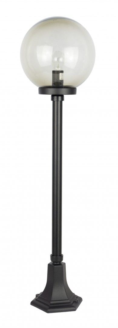 Lampa stojąca ogrodowa Kule Classic 250 H103, czarna, z przezroczystą kulistą kloszem. Posiada metalowy słup i kwadratową podstawę. Ujęcie frontalne, produkt stoi w pozycji pionowej, bez dodatkowych akcesoriów.