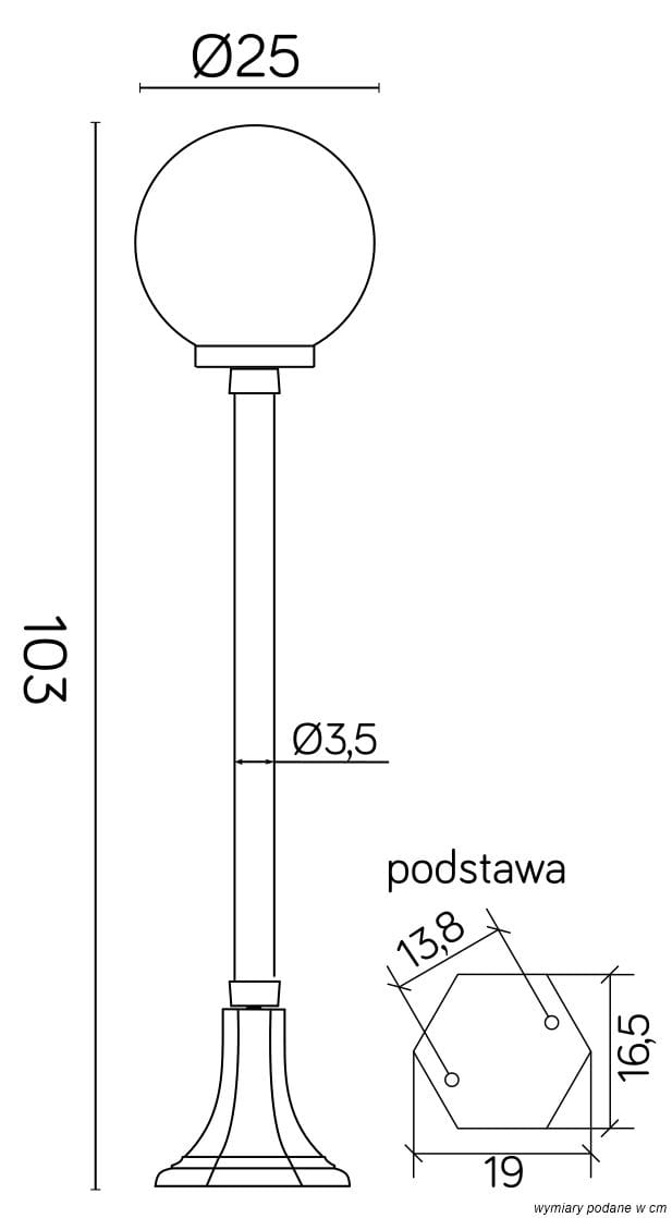 Lampa stojąca ogrodowa Kule Classic 250 ma wysokość 103 cm, czarną metalową podstawę w kształcie sześciokąta oraz okrągłą kulę o średnicy 25 cm. Produkt ma prostą, elegancką formę i jest zaprojektowany do użytku zewnętrznego.
