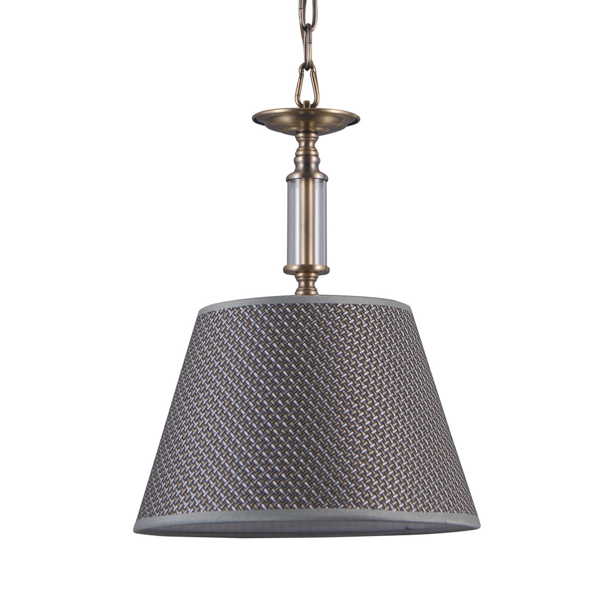 Lampa wisząca Zanobi 1-punktowa PND-43272-1 o stożkowatym kloszu w kolorze szarym z plecionką, zawieszona na metalowym stelażu w odcieniu mosiądzu. Klosz ma wykończenie z tkaniny, a całość wisi na łańcuchu.