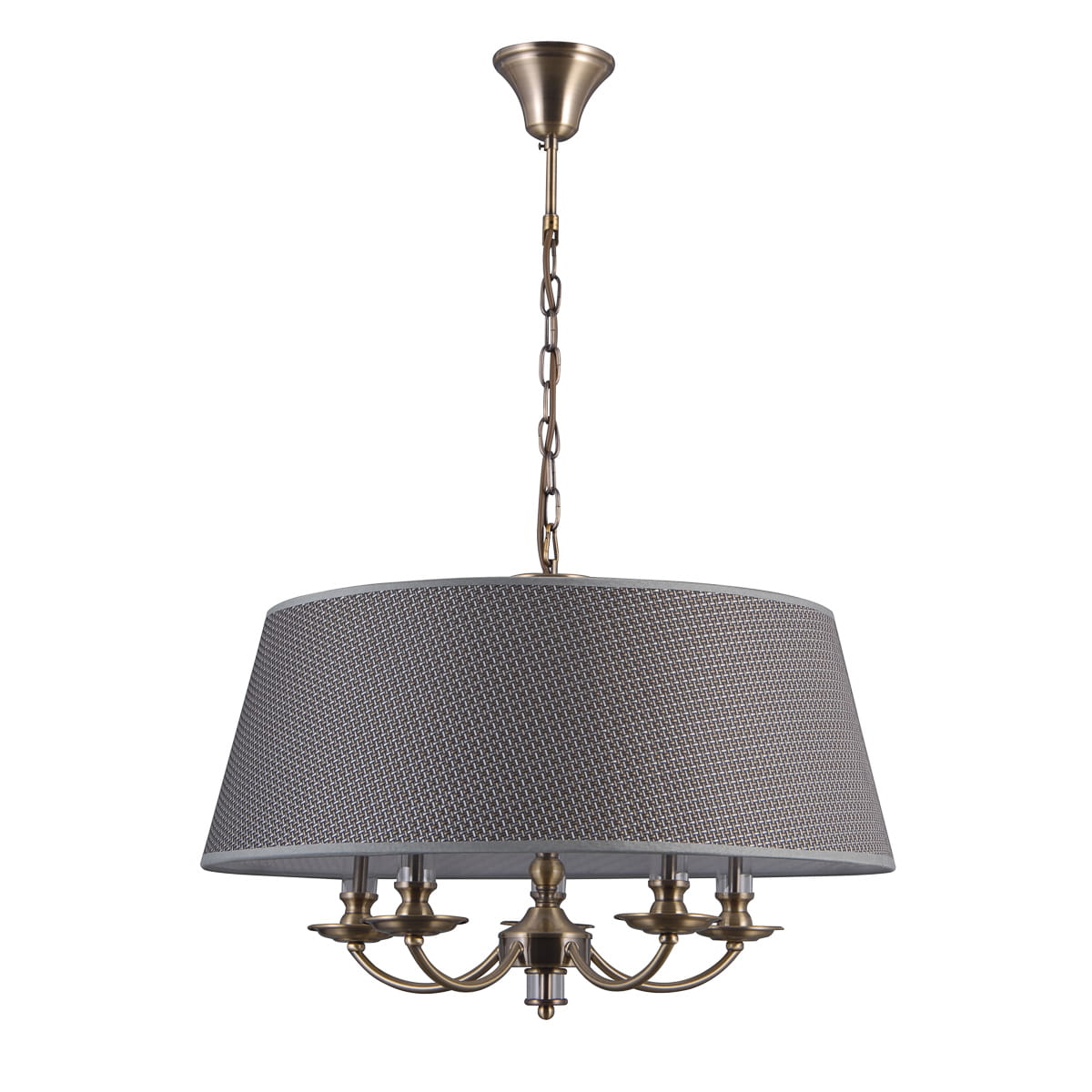 Lampa wisząca Zanobi PND-43272-5A z pięcioma punktami świetlnymi. Okrągły klosz w szaro-brązowym kolorze, teksturowany, z metalowymi elementami w kolorze złotym. Zawieszona na łańcuszku, z mocowaniem sufitowym.