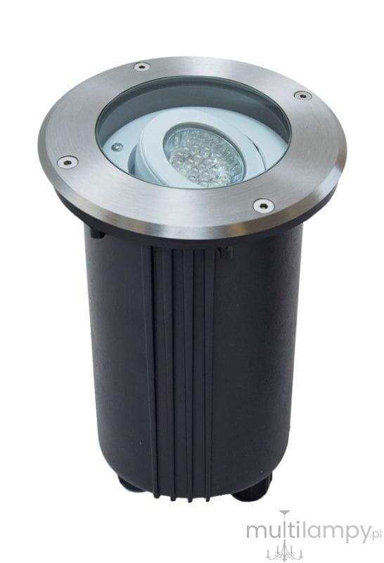 Oprawa dogruntowa kierunkowa 1-punktowa 5725 C o okrągłej, metalowej ramie i czarnej, teksturowanej obudowie. Zawiera ruchomy reflektor LED umieszczony w szklanym kloszu, przeznaczona do montażu w ziemi, idealna do oświetlenia zewnętrznego.