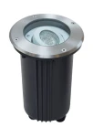 Oprawa dogruntowa kierunkowa 1-punktowa 5725 C o okrągłej, metalowej ramie i czarnej, teksturowanej obudowie. Zawiera ruchomy reflektor LED umieszczony w szklanym kloszu, przeznaczona do montażu w ziemi, idealna do oświetlenia zewnętrznego.