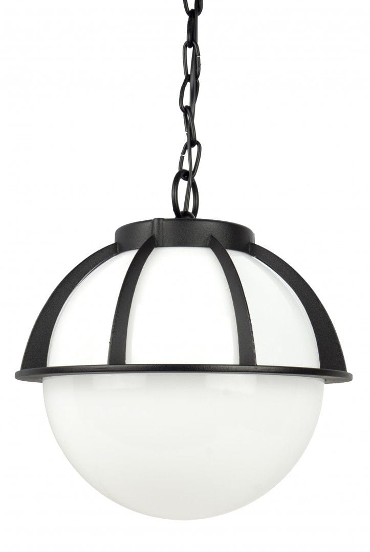 Lampa wisząca Kule z Koszykiem 250, 1-punktowa, z czarnym metalowym stelażem oraz białym, okrągłym kloszem. Ujęcie frontalne, wisi na łańcuchu. Idealna do wnętrz nowoczesnych i minimalistycznych.
