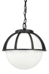 Lampa wisząca Kule z Koszykiem 250, 1-punktowa, z czarnym metalowym stelażem oraz białym, okrągłym kloszem. Ujęcie frontalne, wisi na łańcuchu. Idealna do wnętrz nowoczesnych i minimalistycznych.