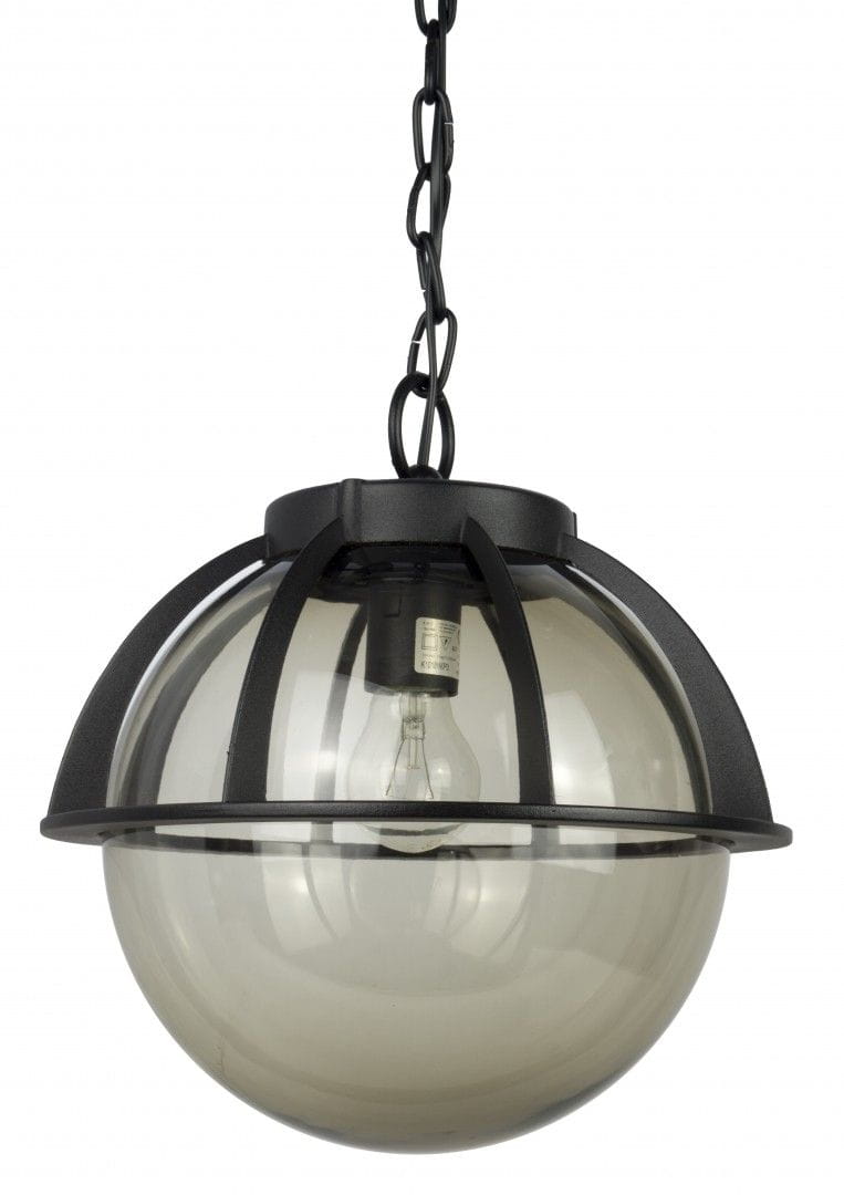 Czarna lampa wisząca Kule z Koszykiem 250, 1-punktowa, z przezroczystym kloszem kulistym. Ujęcie frontalne, lampa zawieszona na łańcuchu, z widoczną żarówką wewnątrz klosza. Metalowa konstrukcja zewnętrzna z dekoracyjnymi elementami.