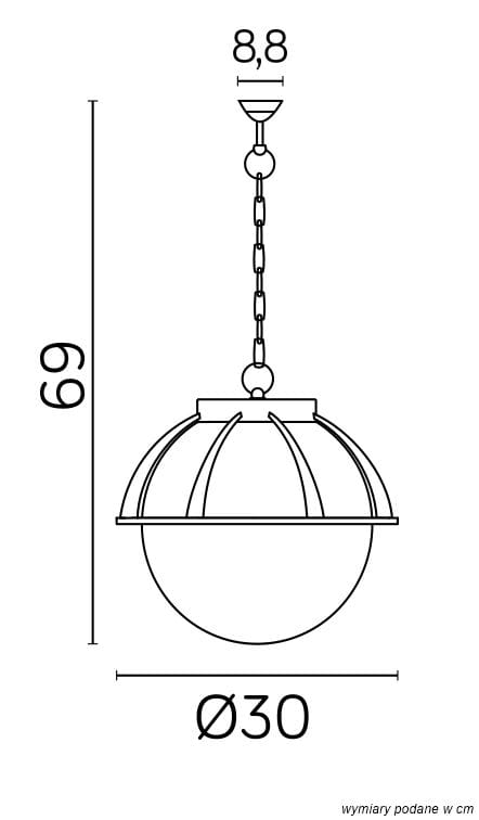Czarna lampa wisząca Kule z Koszykiem 250, jednopunktowa, o średnicy 30 cm i wysokości 69 cm. Posiada dekoracyjny klosz w formie kuli z metalowym koszykiem oraz łańcuch do zawieszenia. Wymiary: 8,8 cm na górze.