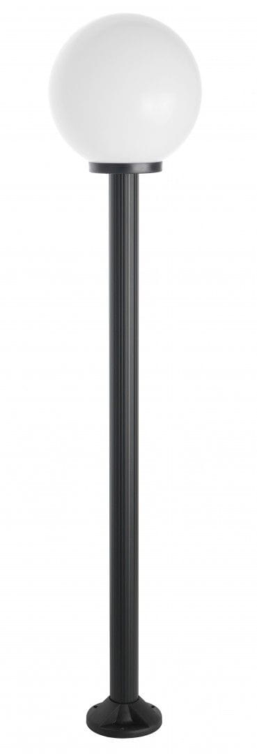 Lampa stojąca ogrodowa Kule 300 H180 z białą, okrągłą głowicą na czarnym, żebrowanym słupku. Stoi na okrągłej podstawie, idealna do oświetlenia przestrzeni zewnętrznych. Wysokość 180 cm, 1-punktowa.