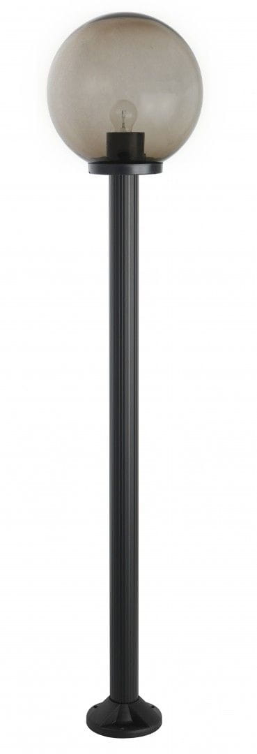 Lampa stojąca ogrodowa Kule 300 H180, 1-punktowa, z okrągłą, szklaną kopułą w kolorze szarym i czarną, teksturowaną podstawą. Produkt ustawiony w pozycji pionowej, widoczny z przodu, idealny do oświetlenia przestrzeni zewnętrznej.